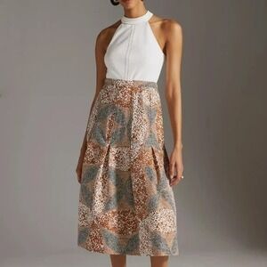 Anthropologie Dress‎ Women's 2X Ivory Brown Pattern Sleeveless Halter Midi Dress